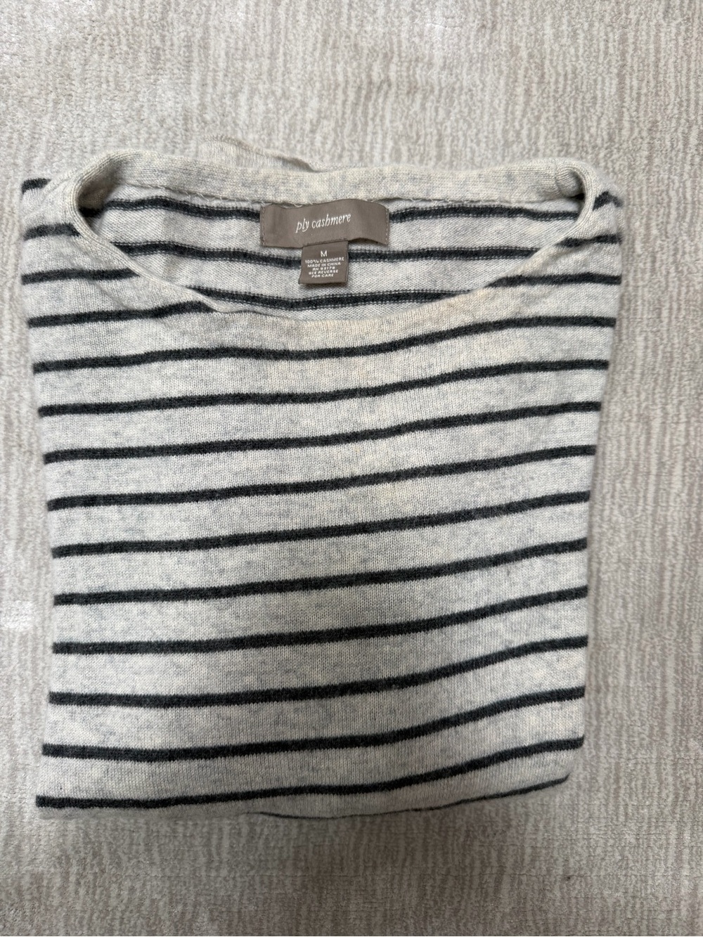 Ply Cashmere 100% Cashmere Navy & Grey Striped Crewneck Sweater - Picture 3 of 4